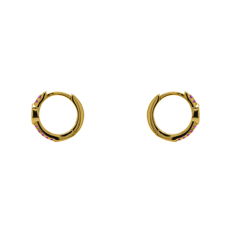 
                  
                    Load image into Gallery viewer, Huggie style earrings made of 14 kt yellow gold vermeil with round and marquise cut pink crystals. Displayed side facing on a white background.
                  
                
