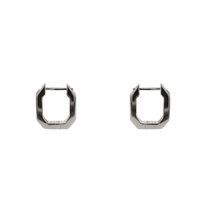 
                  
                    Load image into Gallery viewer, Geometric shaped hoop earrings made of 925 sterling silver hoops have tiny baguette crystals set on one side. Displayed side facing and on a white background.
                  
                