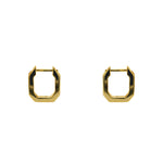 Geometric shaped hoop earrings made of 925 sterling silver with 14 kt yellow gold vermeil. Hoops have tiny baguette crystals set on one side. Displayed side facing and on a white background.