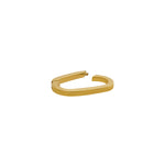 Hinge carabiner made of 14kt gold. Displayed opened on a white background.