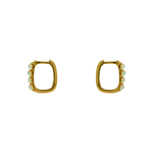 
                  
                    Load image into Gallery viewer, Four faux opal hoop earrings in 14 kt yellow gold vermeil. Hoops are side facing and displayed on a white background.
                  
                