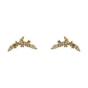 
                  
                    Load image into Gallery viewer, A pair of crystal studs, each with 4 marquis-cut and 4 round cut set clustered in an arch in 14k yellow gold vermeil.
                  
                