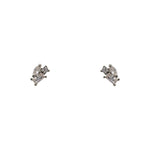 A pair of 925 sterling silver cluster studs each containing one marquise, one round and one baguette crystal on a white background.