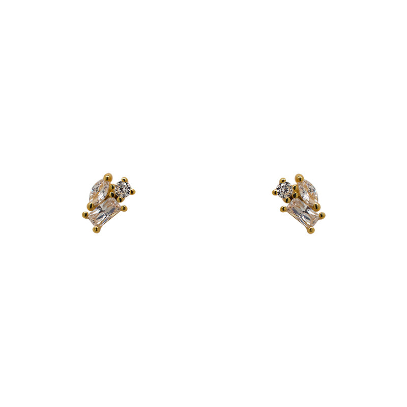 
                  
                    Load image into Gallery viewer, A pair of 14 kt yellow gold vermeil cluster studs each containing one marquise, one round and one baguette crystal on a white background.
                  
                