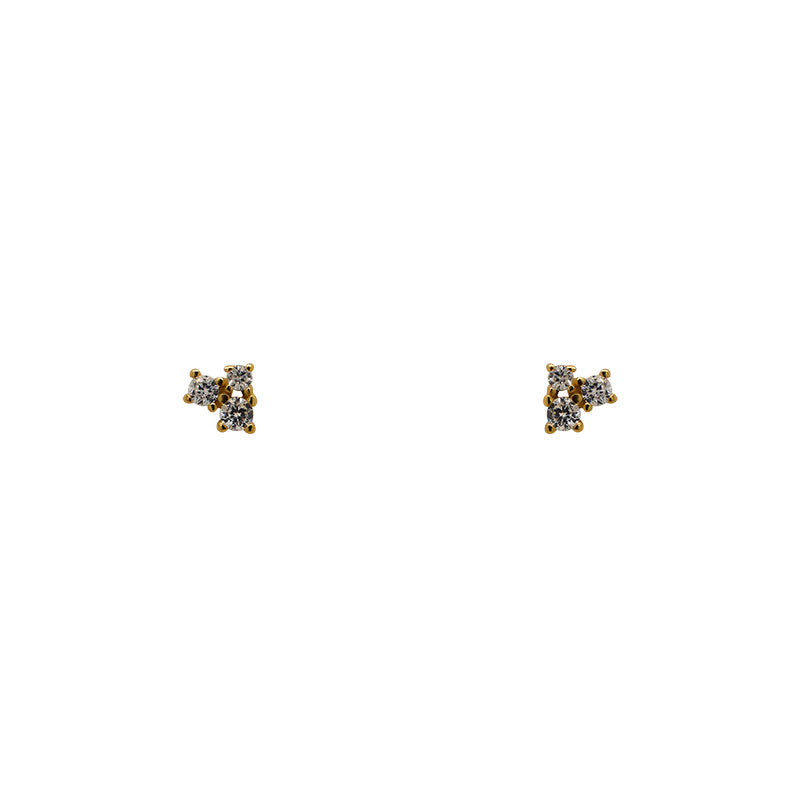 A pair of cluster studs composed of 2 round  crystals and 1 smaller round crystal in 14k t yellow gold vermeil settings.
