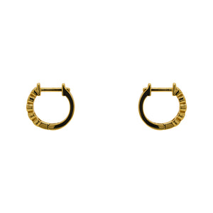 
                  
                    Load image into Gallery viewer, A pair of huggie style earrings with 2 mm bezel set crystals and a 14 kt yellow gold vermeil setting. Displayed side facing on a white background.
                  
                
