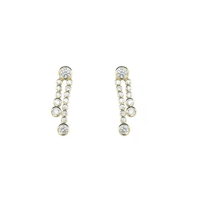 Made of 925 sterling silver, these drop earrings contain two drop arms of bezel set round cut crystals. Available in silver and 14 kt yellow gold vermeil.