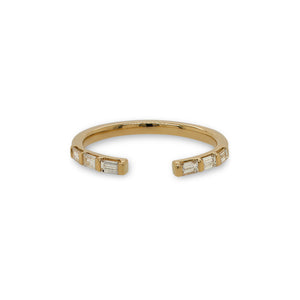 
                  
                    Load image into Gallery viewer, Front view of an open ended band with 6 baguette cut diamonds and cast in 14 kt yellow gold.
                  
                