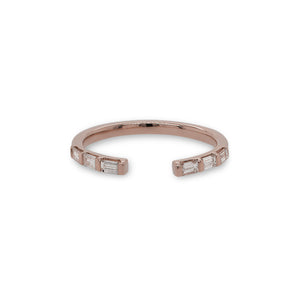 
                  
                    Load image into Gallery viewer, Front view of an open ended band with 6 baguette cut diamonds and cast in 14 kt rose gold.
                  
                