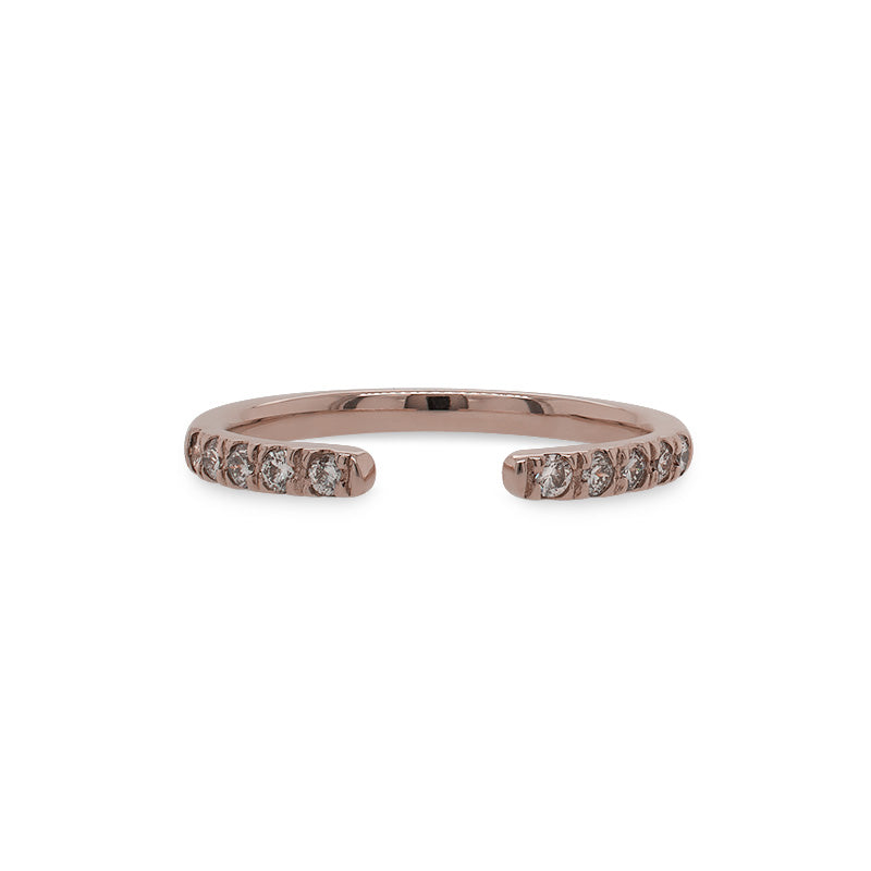 
                  
                    Load image into Gallery viewer, Front view of an open ended band with 10 round cut diamonds and cast in 14 kt rose gold.
                  
                