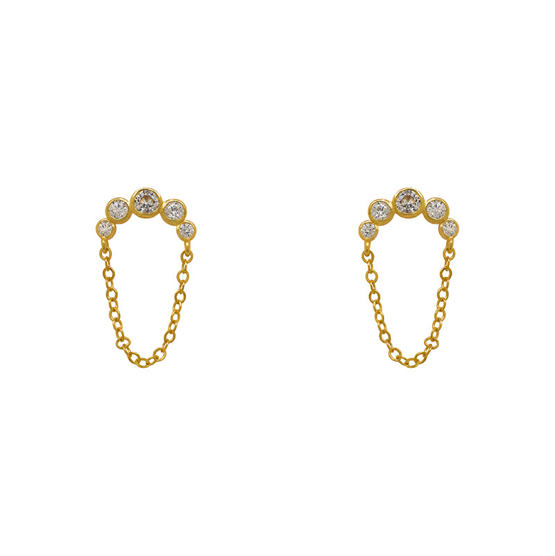 
                  
                    Load image into Gallery viewer, Made of 14 kt yellow gold vermeil, these arch and chain style crystal studs each have 5 bezel set crystals each.
                  
                