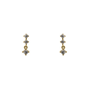 
                  
                    Load image into Gallery viewer, A pair of north south set double crystal studs with an additional stud dangling from the bottom, and made of 14 kt yellow gold vermeil.
                  
                