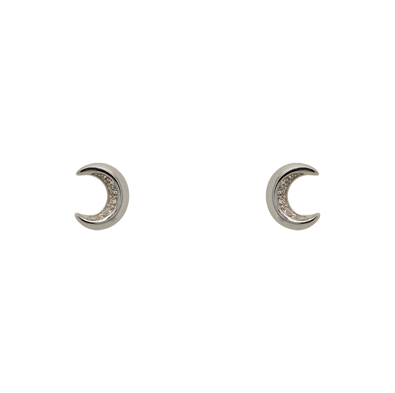 A pair of 925 sterling silver crescent moon shaped stud earrings with 5 crystals on each stud.