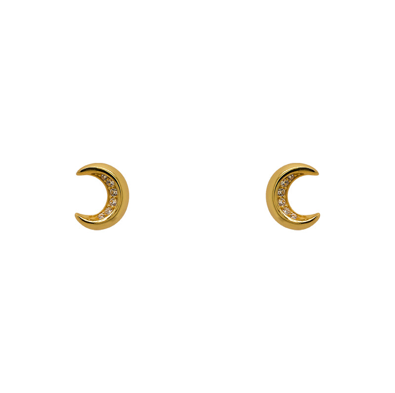 
                  
                    Load image into Gallery viewer, A pair of 14 kt yellow gold vermeil crescent moon shaped stud earrings with 5 crystals on each stud.
                  
                