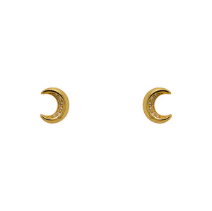 
                  
                    Load image into Gallery viewer, A pair of 14 kt yellow gold vermeil crescent moon shaped stud earrings with 5 crystals on each stud.
                  
                