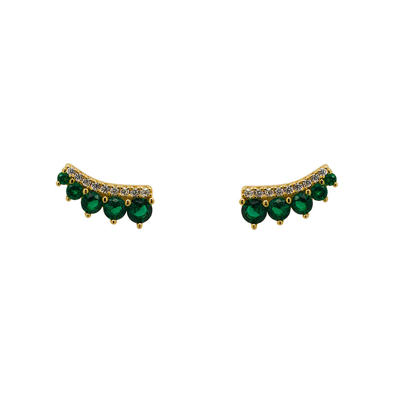 
                  
                    Load image into Gallery viewer, A pair of 14 kt yellow gold vermeil earrings with a soft curve of white pavé set crystals get a bold trimming of 5 graduated green crystals.
                  
                