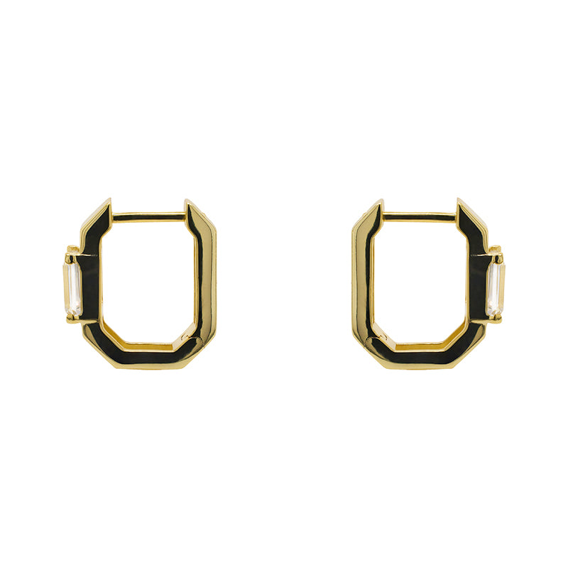 
                  
                    Load image into Gallery viewer, A pair of geometric shaped hoop earrings each having one baguette cut crystal and made of 14 kt yellow gold vermeil.
                  
                