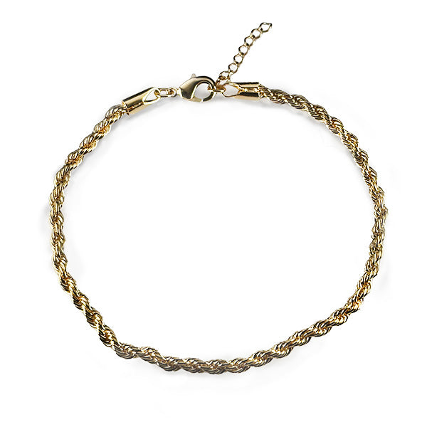 Overview of a gold filled rope link style anklet on a white background.