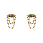 Round crystal studs in marquise shaped 14 kt yellow gold vermeil settings with each stud having 2 dangling chains.