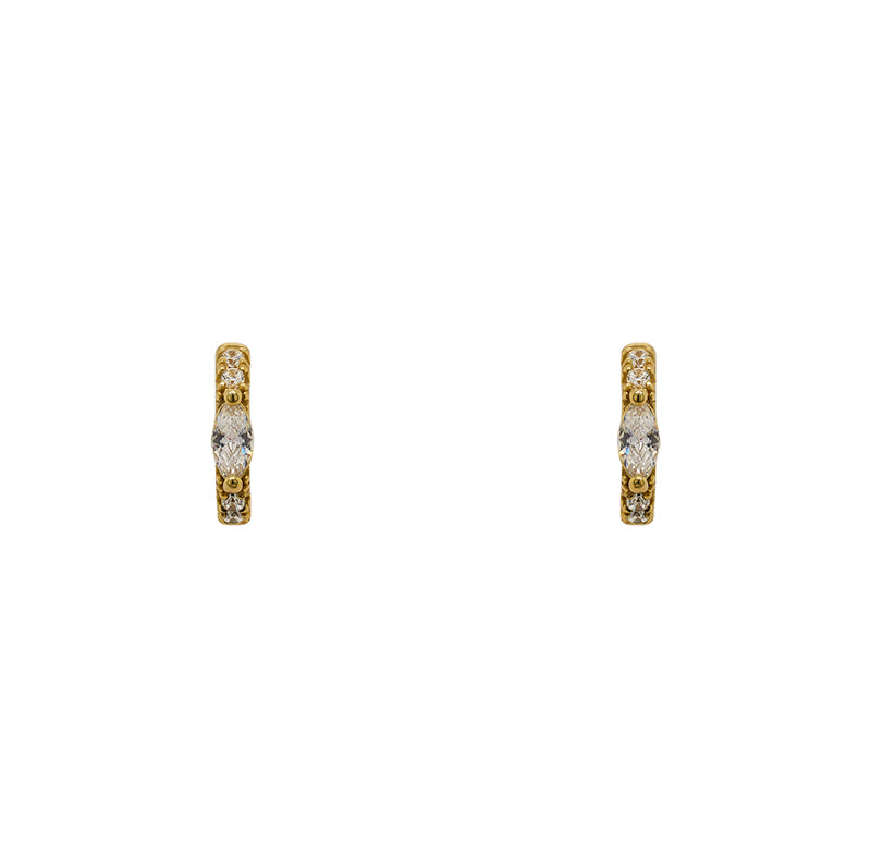 
                  
                    Load image into Gallery viewer, Ear Huggie style earrings with round crystals and one marquise crystal in a 14kt yellow gold vermeil setting. Displayed forward facing on a white background.
                  
                