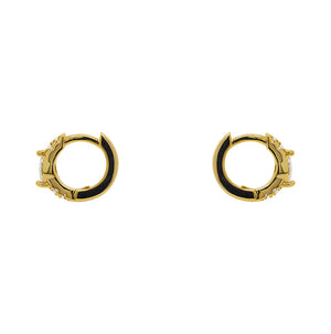 
                  
                    Load image into Gallery viewer, Ear Huggie style earrings with round crystals and one marquise crystal in a 14kt yellow gold vermeil setting. Displayed side facing on a white background.
                  
                