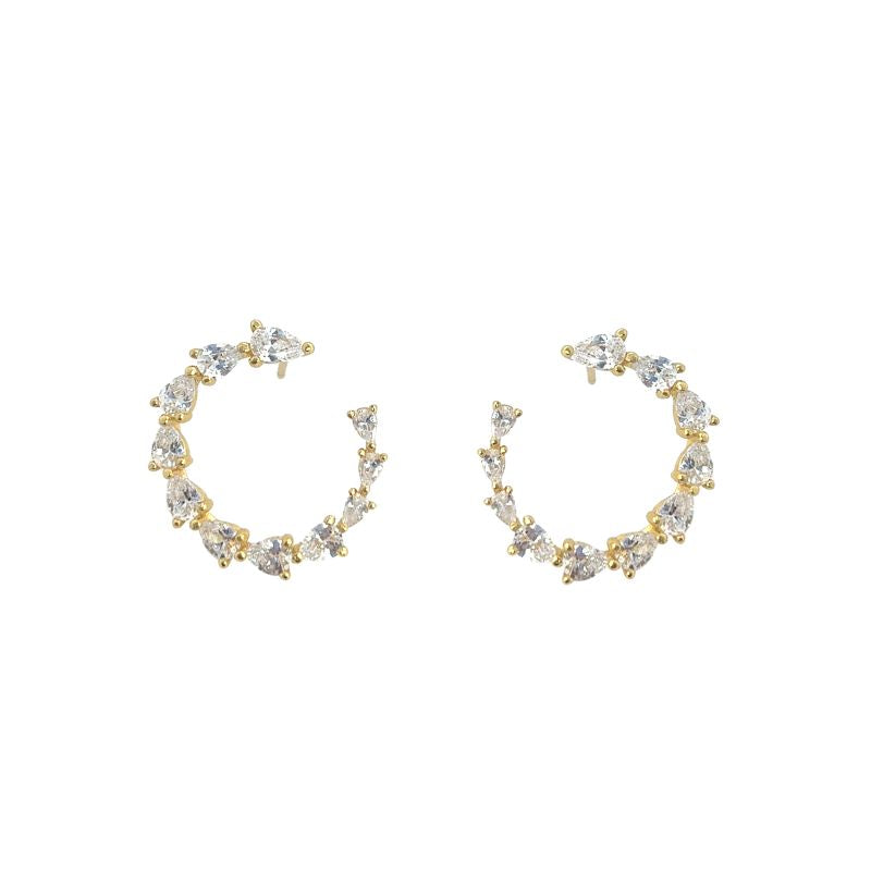 Yellow gold studs with 11 pear crystals are shown on a white background.