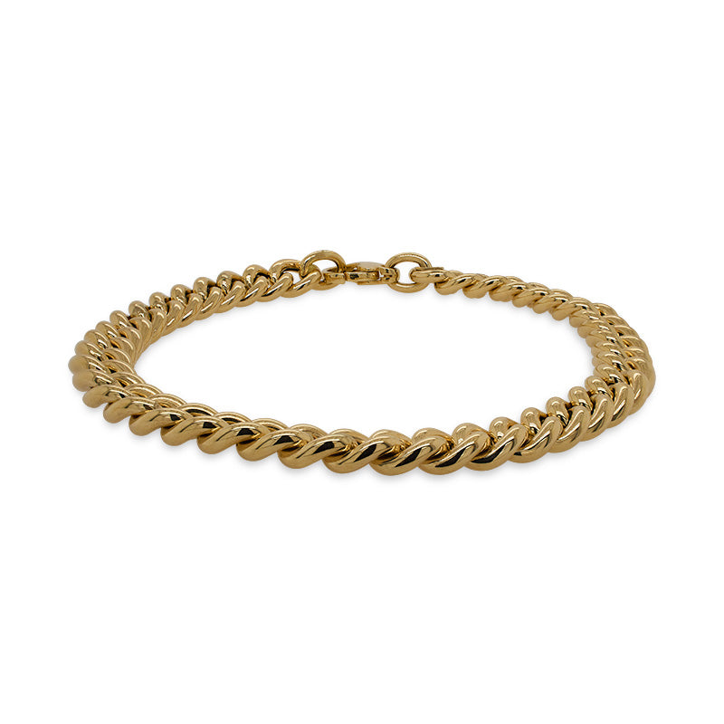 Front view of a medium curb link style bracelet made of 14 kt yellow gold.
