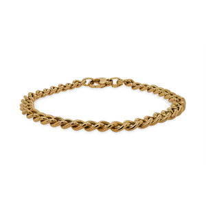 
                  
                    Load image into Gallery viewer, Front view of a small curb link style bracelet made of 14 kt yellow gold.
                  
                