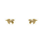 A pair of 14 kt yellow gold vermeil studs shaped as tiny unicorns. Each stud is adorned with 7 round cut crystals.