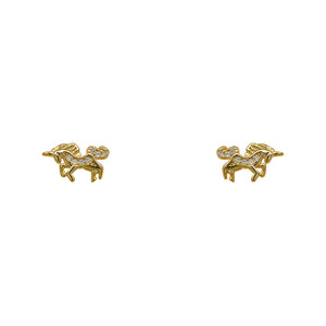 
                  
                    Load image into Gallery viewer, A pair of 14 kt yellow gold vermeil studs shaped as tiny unicorns. Each stud is adorned with 7 round cut crystals.
                  
                
