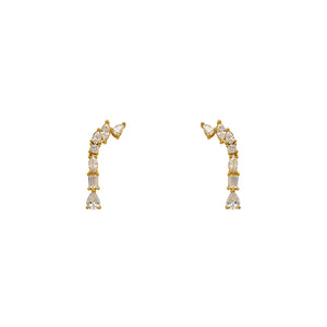 
                  
                    Load image into Gallery viewer, 14Kt Yellow Gold Vermeil drop earrings containing pear, baguette and round cut crystals. Displayed on a white background.
                  
                