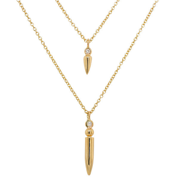 Front view of one small diamond spike necklace and one large diamond spike necklace cast in 14 kt yellow gold.
