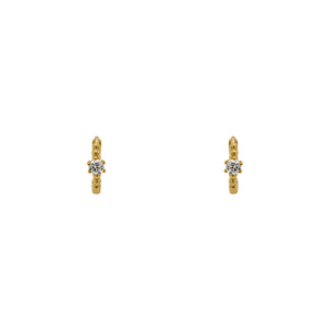 
                  
                    Load image into Gallery viewer, A pair of huggie style earrings each with a dot pattern and 2.5 mm crystal and made of 14 kt yellow gold vermeil. Displayed forward facing on a white background.
                  
                
