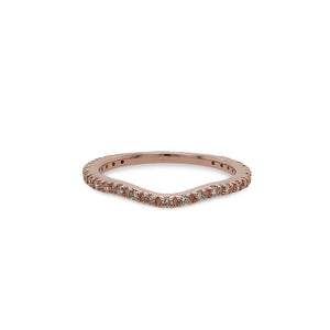 
                  
                    Load image into Gallery viewer, Front view of a dainty shadow band with a subtle dip in the center that has 25 small, prong set diamonds in a 14 kt rose gold setting.
                  
                