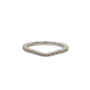 
                  
                    Load image into Gallery viewer, Front view of a dainty shadow band with a subtle dip in the center that has 25 small, prong set diamonds in a 14 kt white gold setting.
                  
                