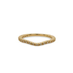 Front view of a dainty shadow band with a subtle dip in the center that has 25 small, prong set diamonds in a 14 kt yellow gold setting.