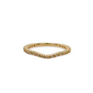 
                  
                    Load image into Gallery viewer, Front view of a dainty shadow band with a subtle dip in the center that has 25 small, prong set diamonds in a 14 kt yellow gold setting.
                  
                