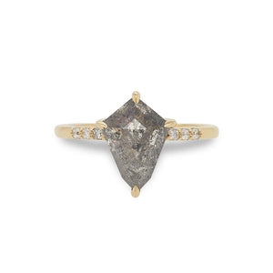 
                  
                    Load image into Gallery viewer, Front view of 2.39 ct, kite cut salt and pepper diamond. Claw set in 18 kt yellow gold with 3 diamonds pavé set on each side of the band.
                  
                