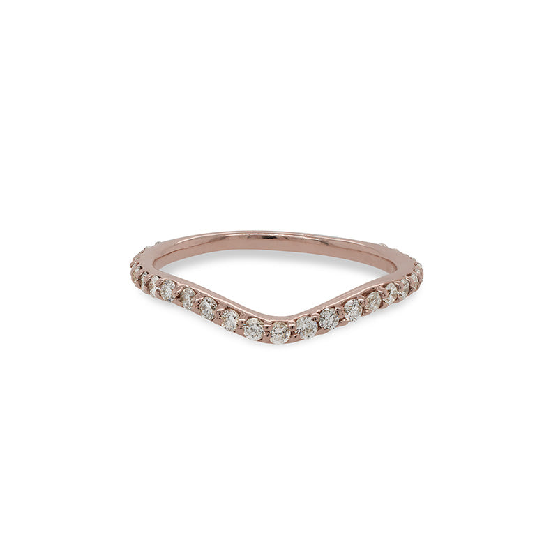 
                  
                    Load image into Gallery viewer, Front view of a shadow band with 27 one and a half mm round diamonds set in 14 kt rose gold.
                  
                