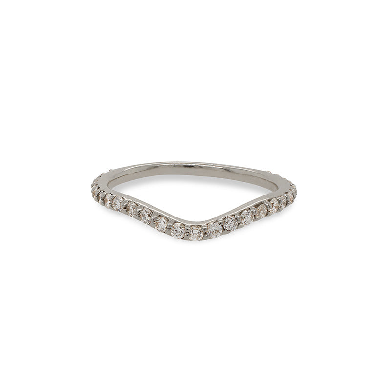 Front view of a shadow band with 27 one and a half mm round diamonds set in 14 kt white gold.