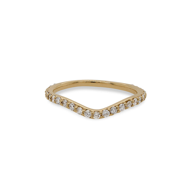 Front view of a shadow band with 27 one and a half mm round diamonds set in 14 kt yellow gold.