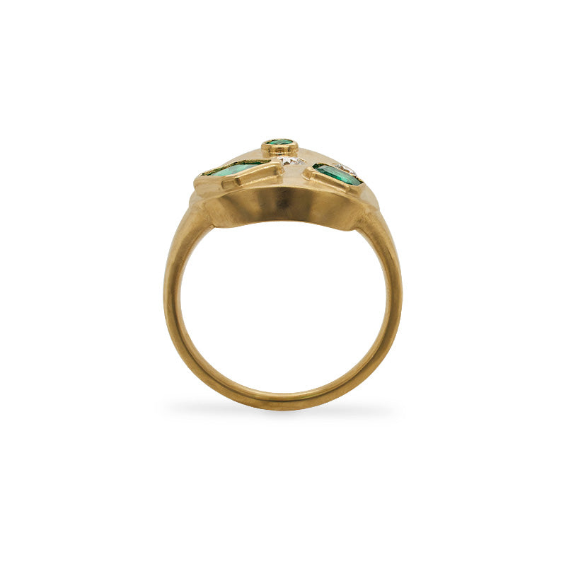 
                  
                    Load image into Gallery viewer, Through the finger view of a signet style ring cast in 14 kt yellow gold with a matte finish, sprinkled with 3 different sizes of round cut diamonds, 1 round cut emerald, one asscher cut and one emerald cut emerald on a white background.
                  
                