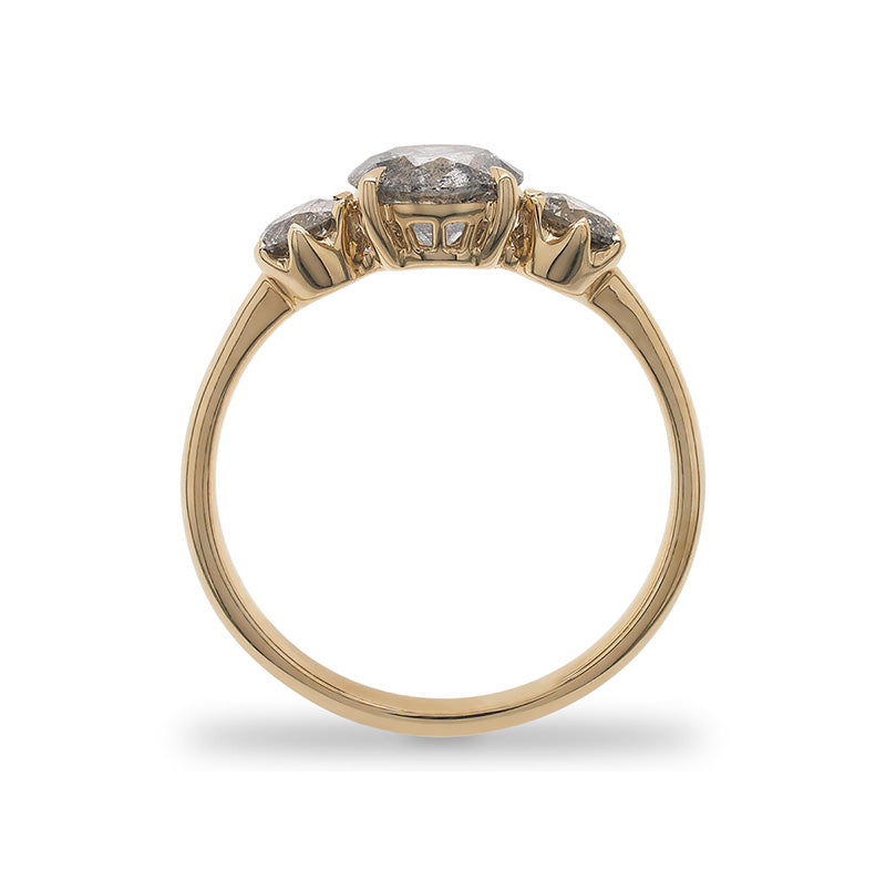 Side view of a salt and pepper diamond ring with one large, round center stone between 2 smaller round stones cast in 14 kt yellow gold by King + Curated.