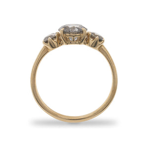 
                  
                    Load image into Gallery viewer, Side view of a salt and pepper diamond ring with one large, round center stone between 2 smaller round stones cast in 14 kt yellow gold by King + Curated.
                  
                