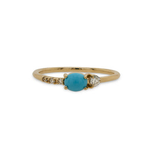 
                  
                    Load image into Gallery viewer, Front view of asymmetrical cabochon turquoise ring with 3 small diamonds and 1 medium size diamond.
                  
                