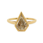 Front view of a 1.32 ct, kite cut diamond solitaire ring cast in 18 kt yellow gold.