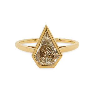 
                  
                    Load image into Gallery viewer, Front view of a 1.32 ct, kite cut diamond solitaire ring cast in 18 kt yellow gold.
                  
                