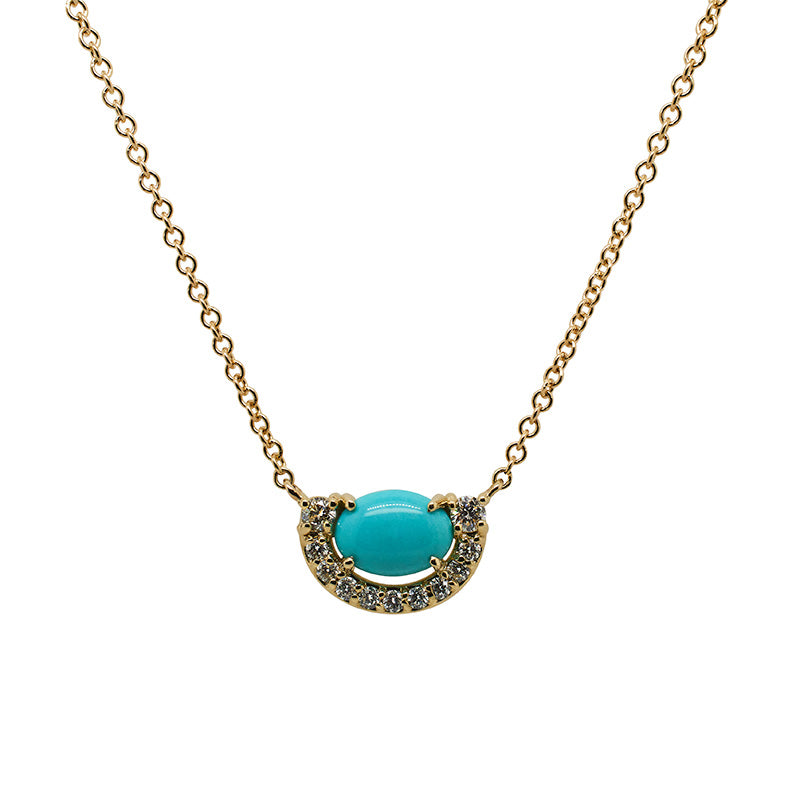 
                  
                    Load image into Gallery viewer, Front view of a 14 kt yellow gold pendant necklace with a center, cabochon cut turquoise surrounded by over 0.25 tcw of diamonds.
                  
                