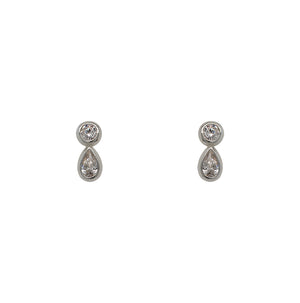 
                  
                    Load image into Gallery viewer, A pair 925 sterling silver stud earrings with one bezel set round crystal and one larger bezel set pear cut crystal on a white background.
                  
                