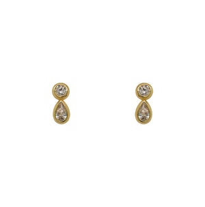 
                  
                    Load image into Gallery viewer, A pair of 14 kt yellow gold vermeil stud earrings with one bezel set round crystal and one larger bezel set pear cut crystal on a white background.
                  
                